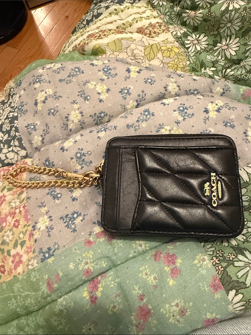 Coach Zip Card Case With Quilting: Black, Gold Hardware